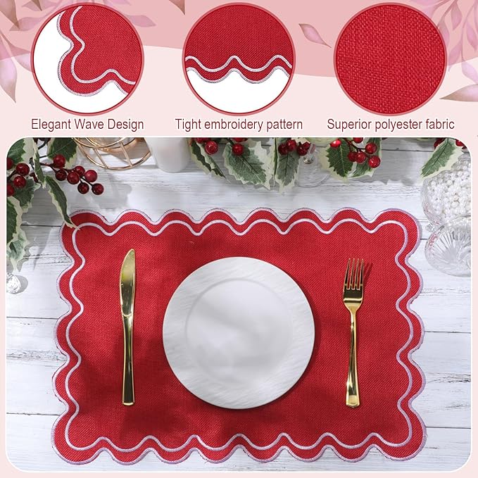 12 Set Linen Placemat 13x19 Wavy Embroidery Scalloped Placemat Double Layered Washable Farmhouse Dinner Table Mat Fabric Napkin for Christmas Hotel Restaurant Wedding Party(Red)