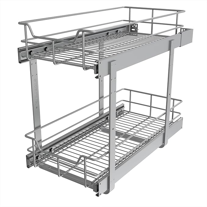 2 Tier Pull Out Cabinet Organizer 11" W X 22" D, Slide Out Drawers For Kitchen Cabinets, Pull Out Drawers For Cabinets Capacity Heavy Duty Caddy, Cabinet Pullout Shelves Chrome-Plated, Bathroom Pantry