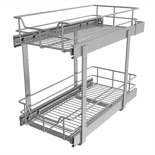 2 Tier Pull Out Cabinet Organizer 11" W X 22" D, Slide Out Drawers For Kitchen Cabinets, Pull Out Drawers For Cabinets Capacity Heavy Duty Caddy, Cabinet Pullout Shelves Chrome-Plated, Bathroom Pantry