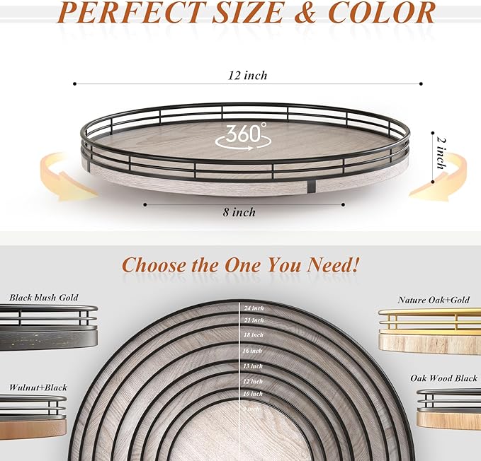 12" Farmhouse Lazy Susan for Kitchen & Coffee Table Decor – Rustic Wood Tray with Black Metal Frame, Decorative Centerpiece for Dining Room, Ottoman, Living Room, Serving or Vanity Use