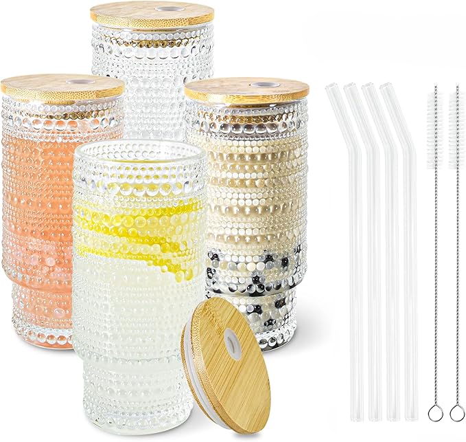 4 Pcs 16 oz Glasses Cups Set with Bamboo Lids Straws Brush Hobnail Glassware Set for Juice Iced Coffee Beer and Cocktail Whiskey