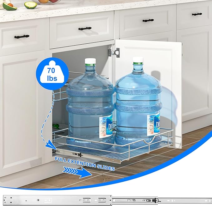 WelFurGeer 2-Tier Stainless Steel Pull Out Cabinet Organizer, Soft Close Damping Slides, Heavy Duty Chrome Plated Wire Basket with Shelf Liner, Perfect for Kitchen Cabinets, Pantry Storage, Under Sink