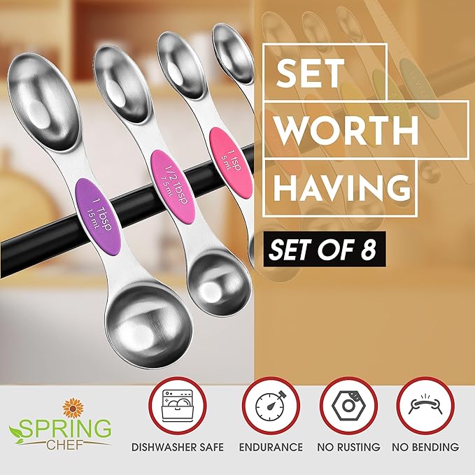 Spring Chef Stainless Steel Magnetic Measuring Spoons Set of 8 with Leveler, Nesting Metal Teaspoon & Tablespoon Measuring Spoons, Kitchen Gadgets for Baking & Cooking, Fits in Most Spice Jars - Neon