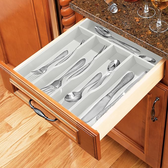 Greenual White Silverware Organizer 10 In Utensil Organizer Silverware Tray for Drawer Cutlery Flatware Organizer for Kitchen Bamboo Wood