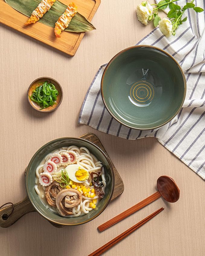 8 Inch 40oz Large Japanese Ramen Bowl Set of 2,Material Safety Ceramic Ramen Bowls with Matching Chopsticks and Spoons, Pho Bowls Ramen Noodle Bowl for Asian Udon Soup Salad Cereal(Retro Cyan)