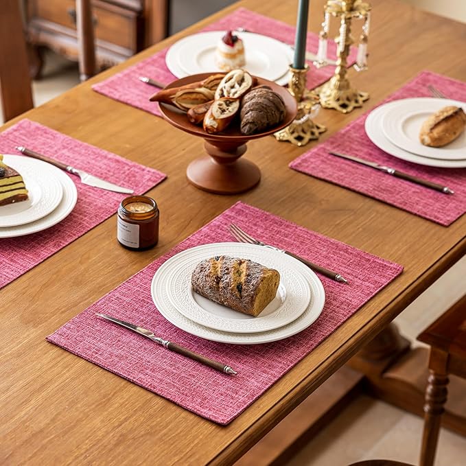 KXN Placemats Set of 4, Dual-Layer Thickened Faux Linen Table Mats, Heat Resistant & Wrinkle-Free, Machine Washable Cloth Place Mats for Kitchen Dining Indoor Outdoor (Pink)
