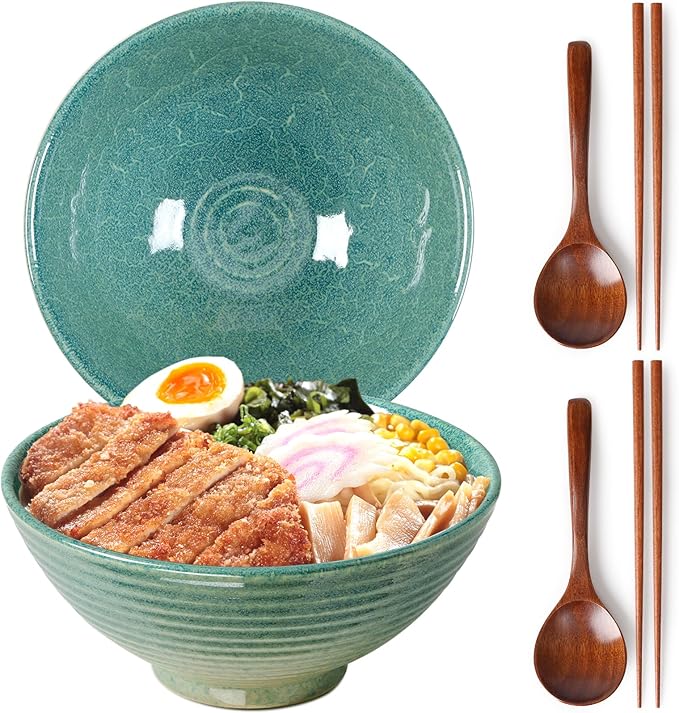 NUTRIUPS 8 Inch Ceramic Ramen Bowl Set of 2 Pho Bowls 40oz Japanese Noodle Udon Soup Bowls with Spoons and Chopsticks (Ice Crack Green)