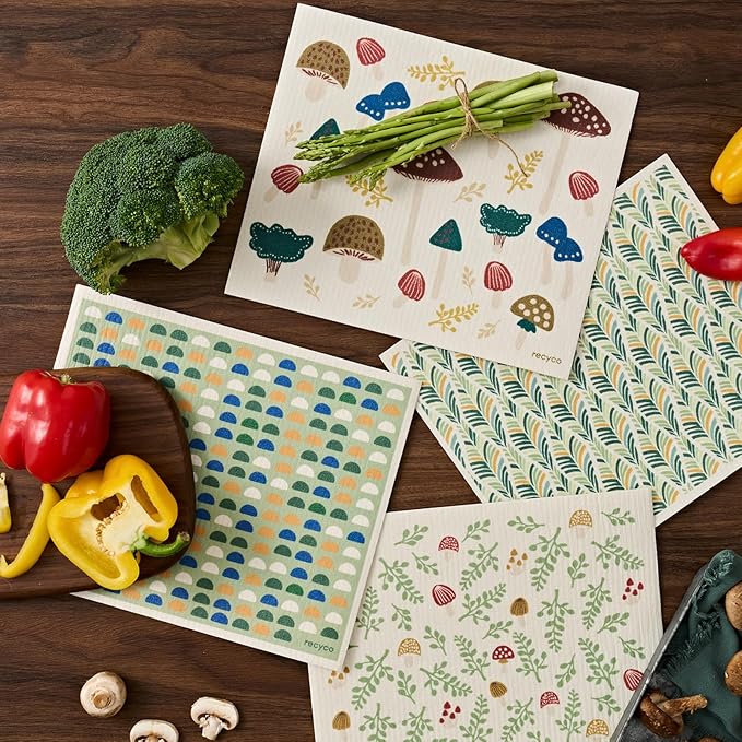 RECYCO Swedish Dishcloths for Kitchen | 4 Pack Oversized Washable Dish Rags | Large Cellulose Reusable Cleaning Paper Towels | Absorbent Counter Dish Cloth Sponge XL Kitchen Wipes, 12" L x 10" W