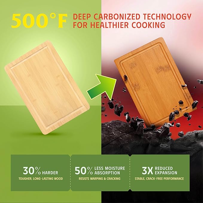 Carbonized Bamboo Cutting Board Set of 3 with Holder – Natural Reversible Kitchen, Charcuterie & Cheese Boards – Holiday Hosting Essentials. (S M L with Holder)