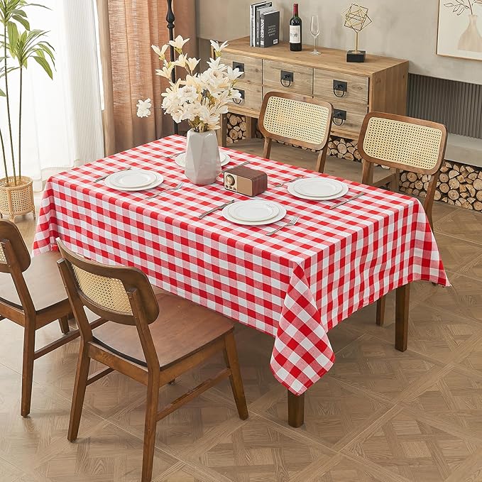 Yarn Dyed Cotton Blend Table Cloth Rectangle Table Cover 55x71 Inches Waterproof Indoor/Outdoor Red and White Checkered Gingham Rectangle Tablecloth for Kitchen BBQs Buffet Picnic