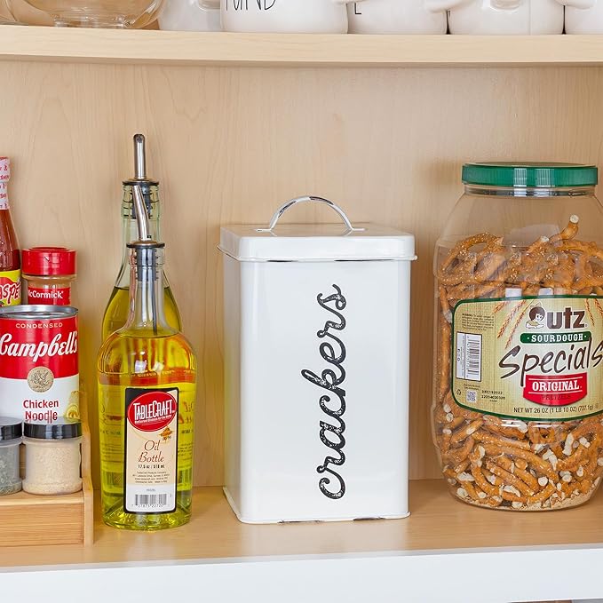 AuldHome Design Rustic White Cracker Tin; Square Enamelware Classic Cracker Canister