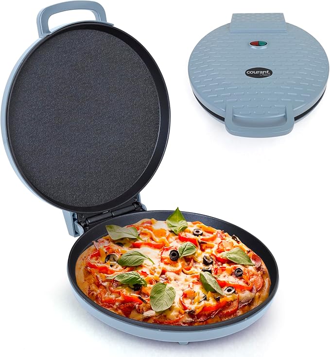 Courant Pizza Maker 12 inch Pizzas Machine, Newly improved Cool-touch Handle Non-Stick plates Pizza oven & CalzoneMaker, Electric Countertop Oven for Home or School, 12” Indoor Grill/Griddle, Teal