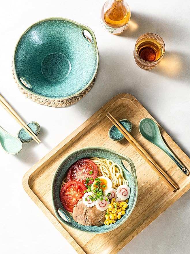 HENXFEN LEAD Japanese Ramen Noodle Bowl Set of 2-30 Oz Large Porcelain Salad Bowls with Chopsticks, Soup Spoons and Rests, Kitchen Serving Dishes for Pho, Udon