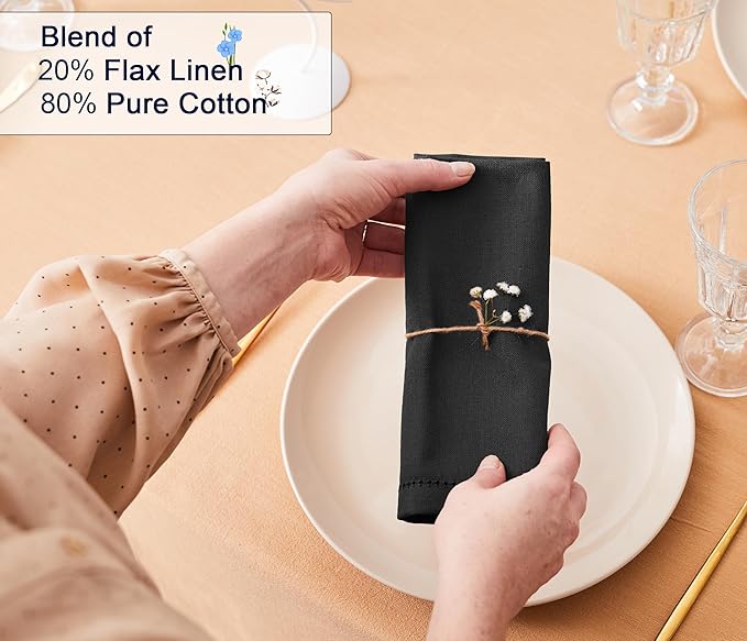 Ruvanti Premium Linen Napkins Set of 4-20x20 Inch, Classic Hemstitch, Mitered Corner Cloth Napkins‎‎ - Soft, Elegant Dinner Napkins Cloth Washable for Weddings, Parties, Everyday Use - Black