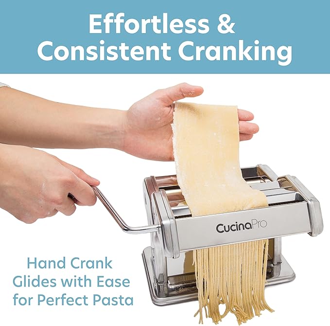 Pasta Maker Machine- Heavy Duty Chrome Coated Steel Construction with Fettucine & Spaghetti Attachments, Rollers w Adjustable Thickness Settings, Manual Hand Crank, Includes Recipe Guide, Xmas Gift