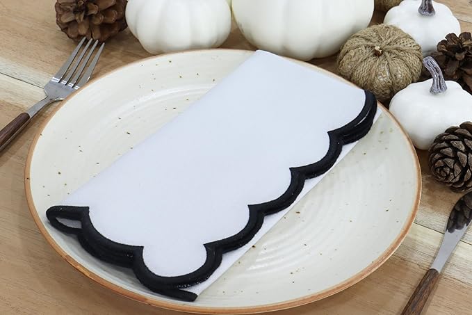 PurpleEssences Scalloped Embroidery Cloth Napkins Christmas Holiday Winter Table Decor 100% Cotton Set of 4-18 x 18 inch - White - Edges - Black