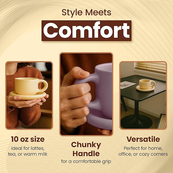 10oz Nordic Ceramic Coffee and Tea Mug – Cute Cup and Saucer Perfect for Coffee Lovers Gifts and Kitchen Essentials (Purple)