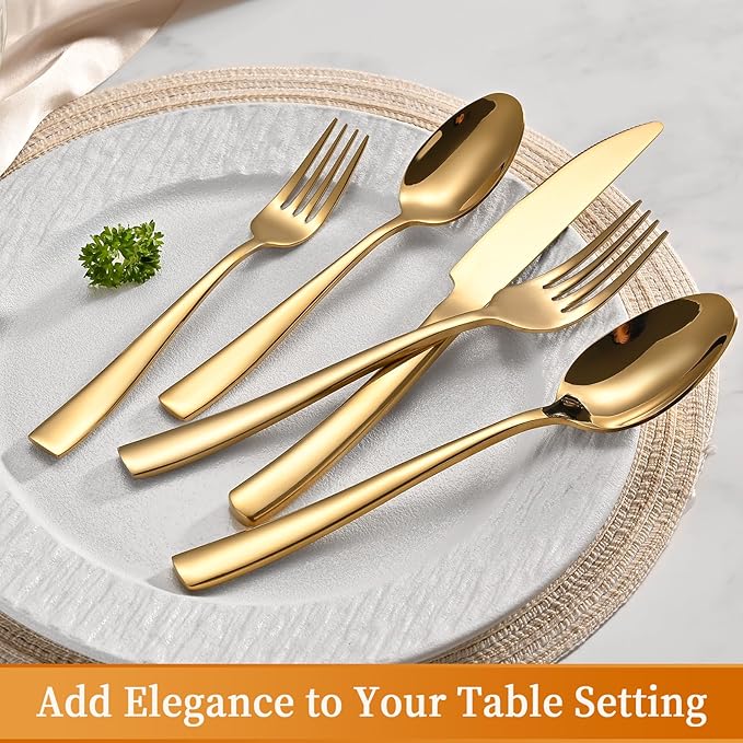 40-Piece Gold Silverware Set, Heavy Duty Stainless Steel Flatware Cutlery Set Service for 8, Food-Grade Utensil Sets for Home Restaurant, Dishwasher Safe
