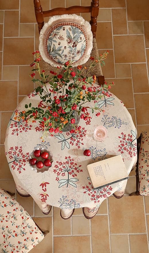 patdrea Designer Floral Linen Table Cloth Durable Breathable Tabletop Cover Dacorative Kitchen Dining Tablecloth for Round Tables for Kitchen Dining Parties,Holiday Christmas,Diameter 55"
