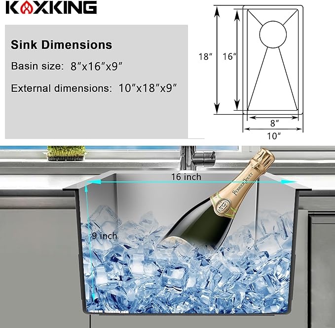 10x18x8 Inch Black Undermount Bar Sink, Deep Single Bowl Compact RV & Prep Sink, 18 Gauge T304 Stainless Steel with Drain Strainer