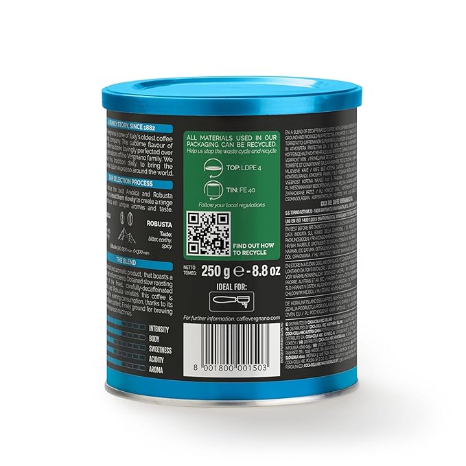 Caffè Vergnano Decaf Italian Ground Coffee, 4 Pack – 100% Arabica for Moka, Intensity Level 6 – Rich, Full Flavor Without Caffeine, Notes of Dried Fruit, Cocoa & Caramel - 8.82 oz Tins