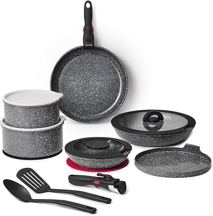 16pcs Aluminium Nonstick Pots and Pans Set from France with detachable Handle, Stackable, Ceramic RV Kitchen Cookware Sets Removable Handle, PFOA and PTFE Free, Oven Safe, Induction