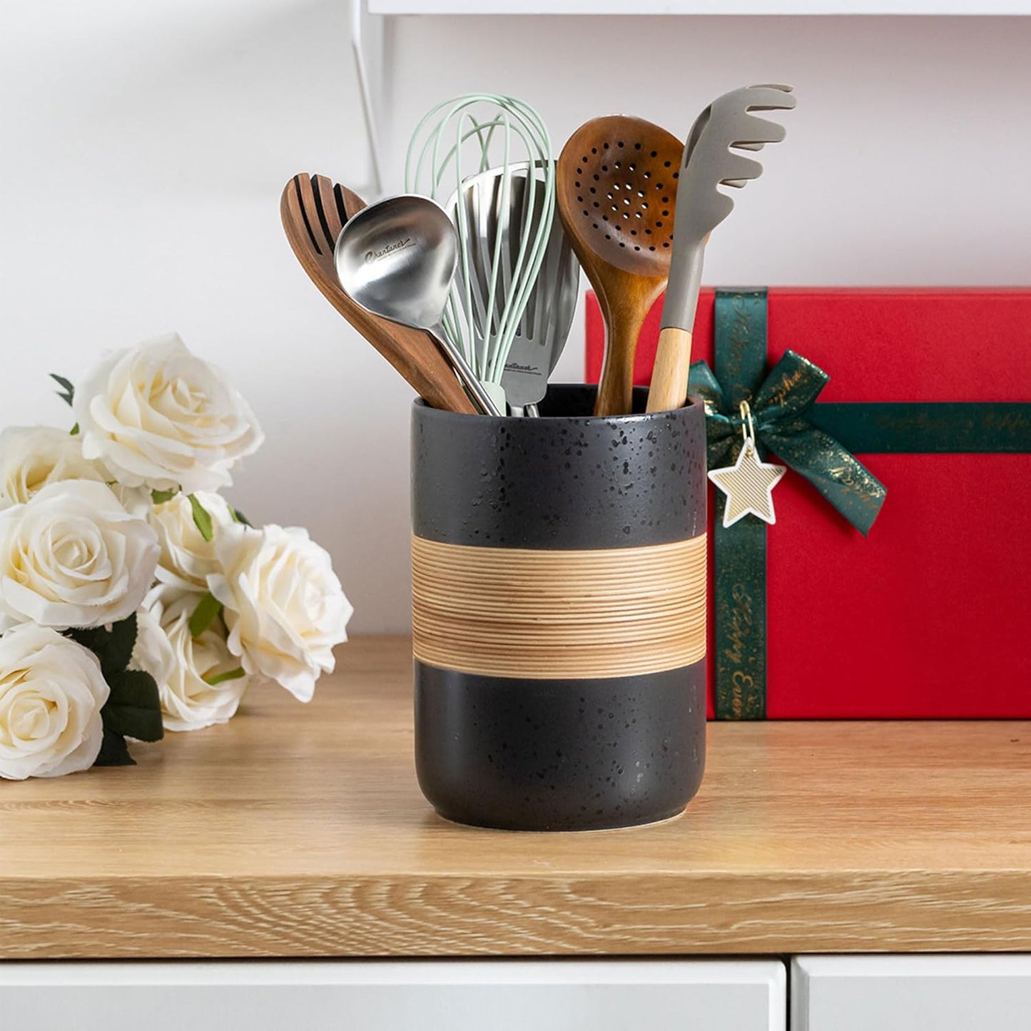 Coffee Container Jar with Lid, Ceramic Kitchen Food Storage Jars for Spice Sugar Cookie, Stackable Decorative Jars for Coffee Bar, Black & 28 fl.oz