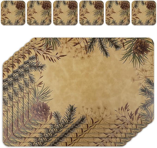 Le courant 16.9in 6PACK Christmas Pinecone Placemats with 6 Coasters, Reversible Faux Leather Easy Clean Waterproof Stain Resistant Place Mats, for Home Party Dining Holiday Table Decor