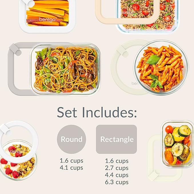 Bentgo Signature Leak-Proof Glass Food Storage - 12-Piece Set, 1-Compartment Plastic-Free Containers with Airtight Glass Lids, BPA-Free, Microwave, Freezer, Oven & Dishwasher Safe (White Stone)