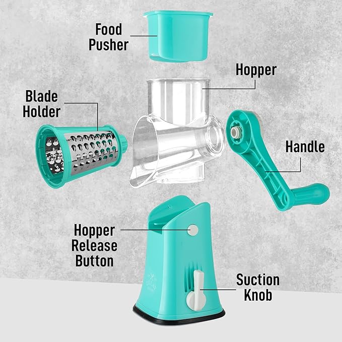 Zulay Kitchen Rotary Cheese Grater 5 Blade Cheese Shredder - Manual Hand Crank Cheese Grater With Reinforced Suction & 5 Interchangeable Drums - Easy to Use, Vegetable Chopper Round Mandoline Slicer