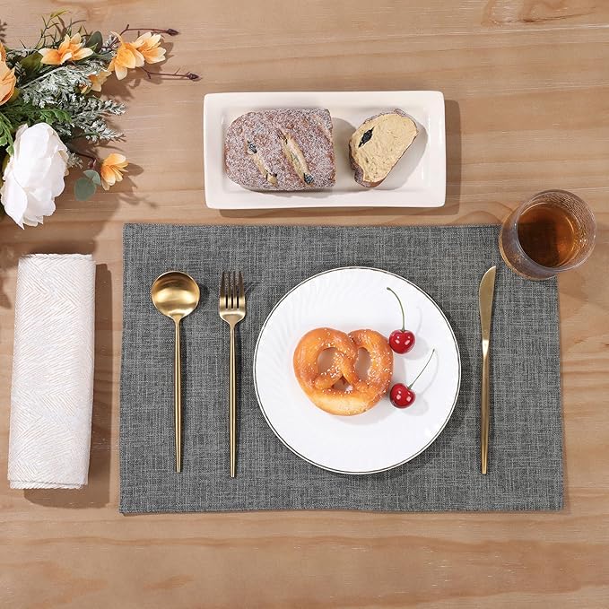 SHACOS Woven Fabric Placemats Set of 4 Heat Resistant Place Mats Non Slip Washable Double Layer Cloth Placemats Reversible Table Mats Kitchen Dining Table Decor (4, Dark Grey)