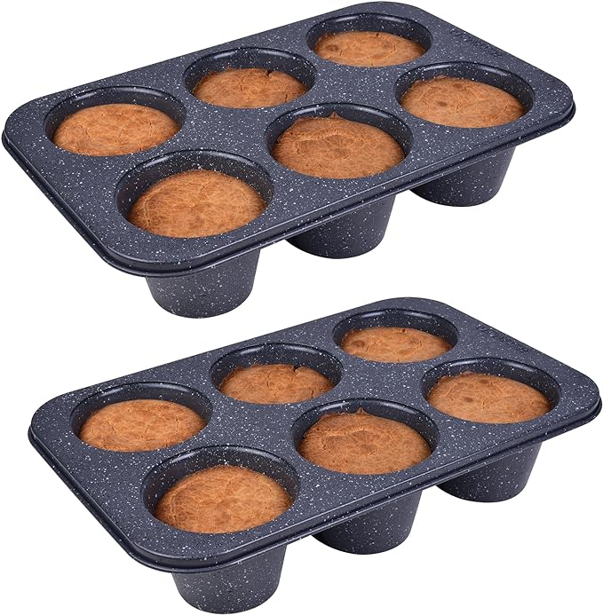 Monfish 2pcs Jumbo Deep Muffin Pan - 6-Cavity Baking Tray, 3.5x3 Inch Cups - Carbon Steel - Black Granite Stone Finish - Extra Large Cupcake Tins for Baking (2 deep muffin)