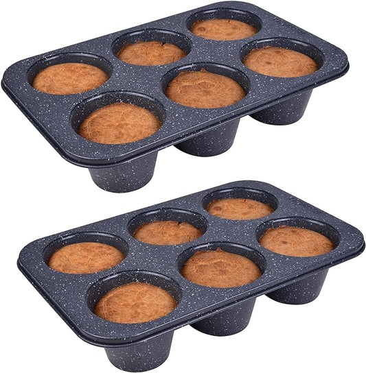Monfish 2pcs Jumbo Deep Muffin Pan - 6-Cavity Baking Tray, 3.5x3 Inch Cups - Carbon Steel - Black Granite Stone Finish - Extra Large Cupcake Tins for Baking (2 deep muffin)