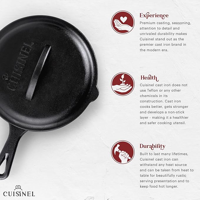 Cuisinel Cast Iron Skillet with Lid - 8"-inch Pre-Seasoned Covered Frying Pan Set + Silicone Handle and Lid Holders + Scraper/Cleaner - Indoor/Outdoor, Oven, Camping Fire, Grill Safe Kitchen Cookware