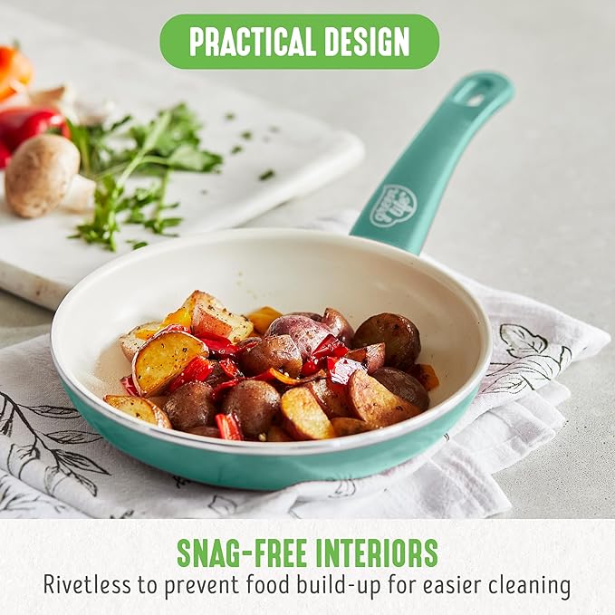 GreenLife Non Stick Fry Pan Set (7" & 10"), Non-Toxic PFAS-Free Ceramic Skillets, Dishwasher & Oven Safe, Egg Omelet Frying Pans, Stay- Cool Handles, Kitchen Home Cooking Essentials, Turquoise