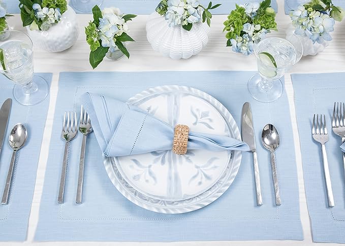 Solino Home Sky Blue Linen Napkins Set of 4-100% Pure Linen Hemstitch Dinner Napkins 20 x 20 Inch for Holiday, Christmas - Classic Hemstitch
