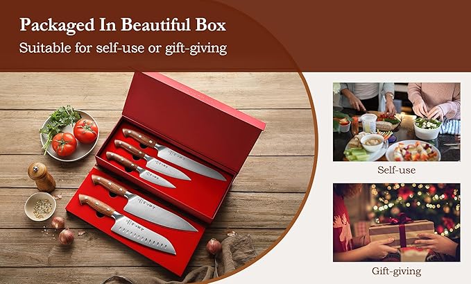 HEZHEN Knife Set,5 Piece Kitchen Chef Knife Set, German High Carbon Stainless Steel Ultra Sharp Chef Santoku Slicing Utility Paring Knives Sets, Ergonomic Full Tang Handle Cooking Cutlery Set Gift