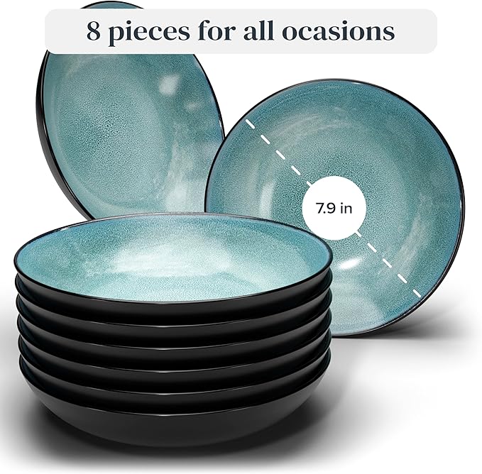 Stoneware pasta bowls set 8 pcs – 7.7" dark petrol blue ceramic plates & salad bowls – Dishwasher and microwave safe – Large soup bowls stylish set – Dinner service Pure Living