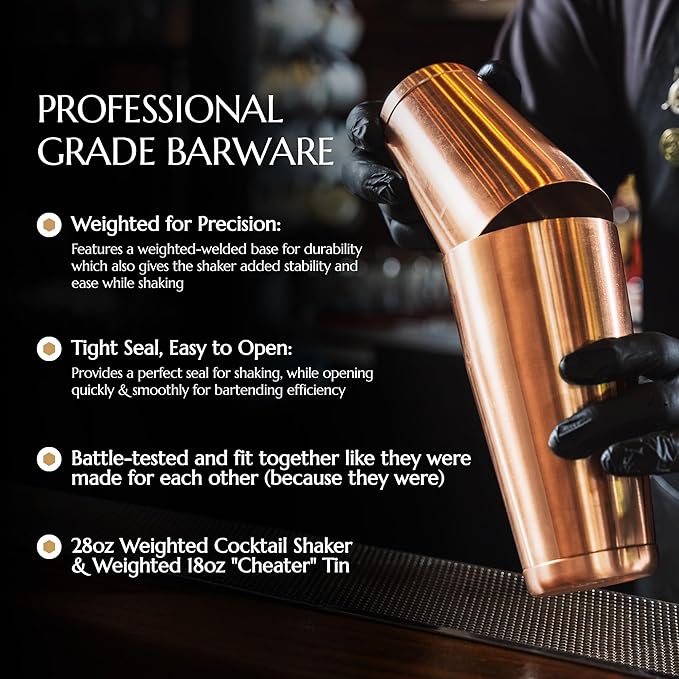 Bull in China 2-Piece Cocktail Shaker Copper - 28 oz Weighted Shaker & 18oz Weighted Cheater Tin, Professional Grade Bar Shaker, Premium Cocktail Shaker Set for Professional & Home Bartenders