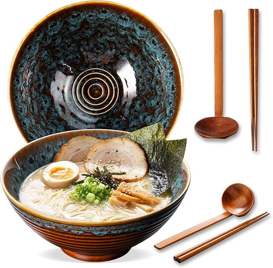 8 Inch Ceramic Ramen Bowl Set of 2, 40oz Japanese Bowls with Spoons & Chopsticks,Durable,Microwave & Dishwasher Safe,Perfect for Ramen,Pho,Salad,Soup,Noodles，Mixing bowls（Verdigris Green）