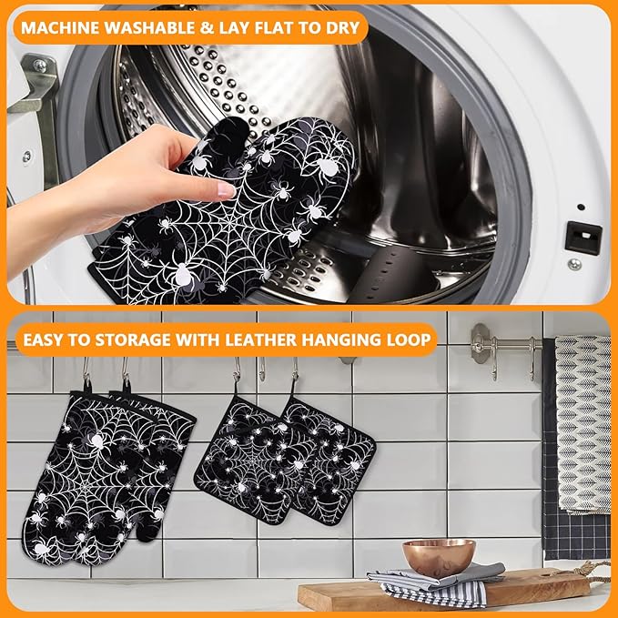 Spider Web Oven Mitts and Pot Holders Sets 4Pcs,Extra Long Oven Gloves Potholder for Kitchen Cooking Baking BBQ 100% Cotton Heat Resistant