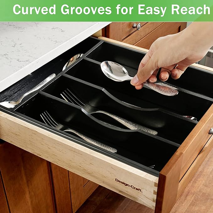 Greenual 2 Pack Black Silverware Organizer 10 In Utensil Organizer Silverware Tray for Drawer Cutlery Flatware Organizer for Kitchen Bamboo Wood