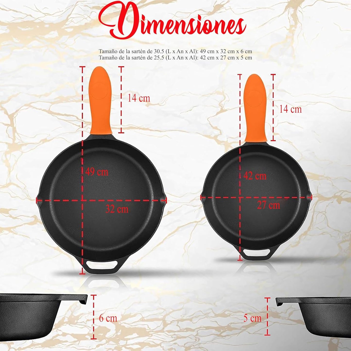 NutriChef 10" & 12" Pre-Seasoned Cast Iron Pans - Durable Nonstick Skillets, Cool-Touch Silicone Handle, For Oven, Grill & All Stovetops