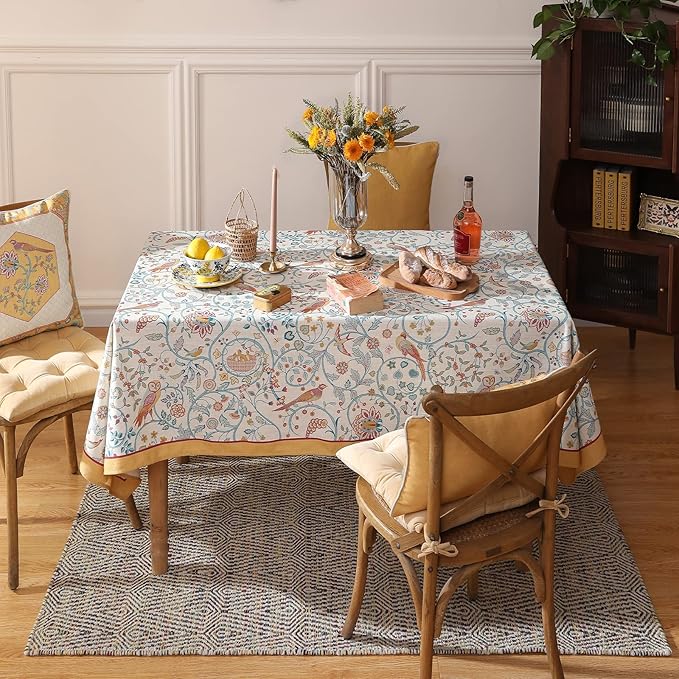 patdrea Designer Yellow French Spring Summer Tablecloth,Rustic Linen Floral Birds Pattern Table Cloth for Rectangle Tables,Decor Table Cover for Kitchen Dining Banquet,Christmas,55"*71"/6Ft