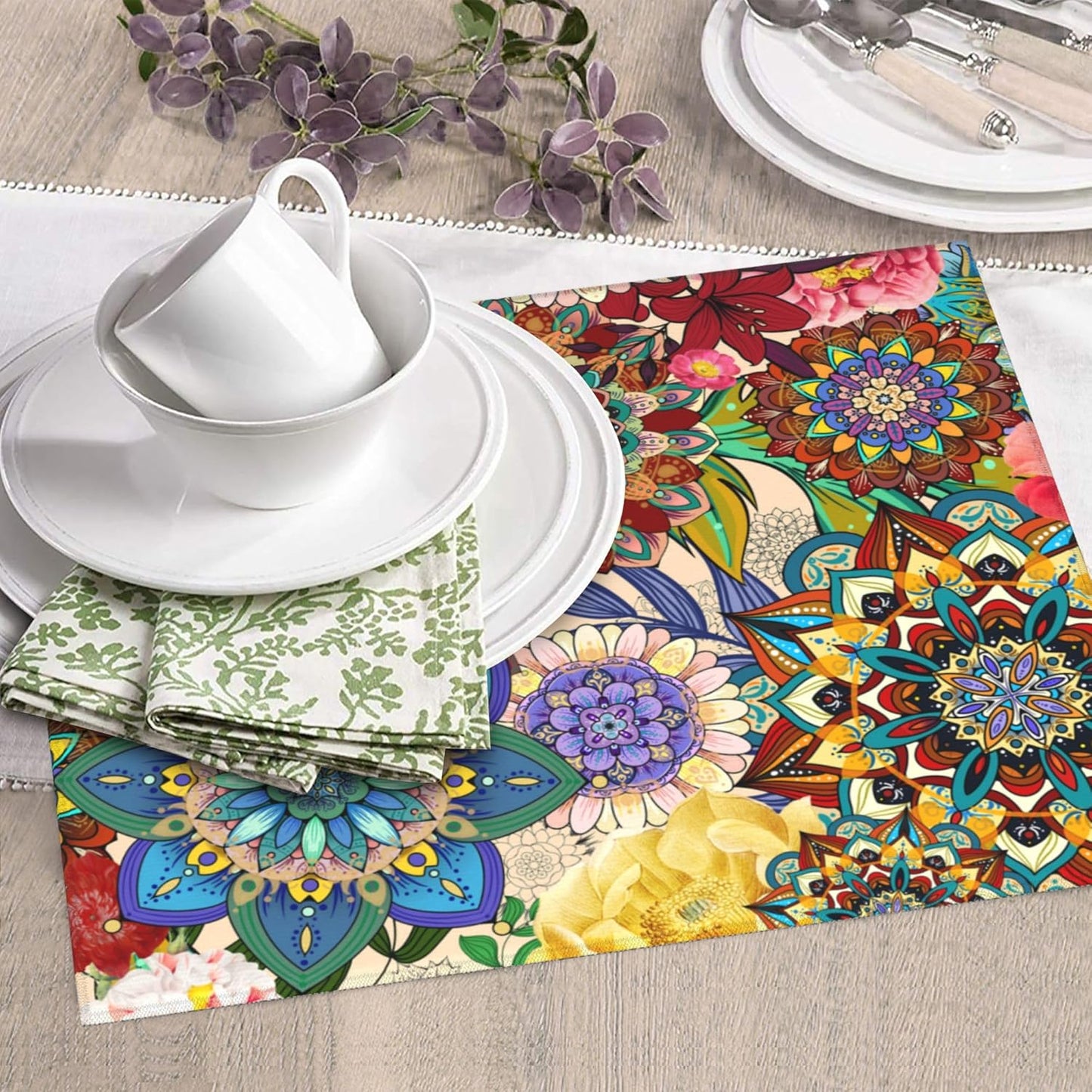 Boho Floral Dish Drying Mat for Kitchen Counter Washable Absorbent Reversible Microfiber Colorful Flowers Drying Pad Kitchen Accessories 16x18 Inch