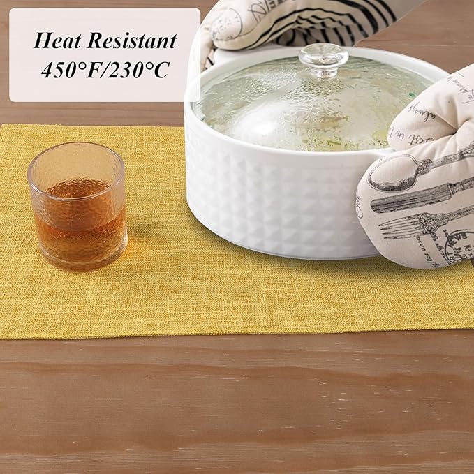 SHACOS Woven Fabric Placemats Set of 4 Heat Resistant Place Mats Non Slip Washable Double Layer Cloth Placemats Reversible Table Mats Kitchen Dining Table Decor (4, Yellow)