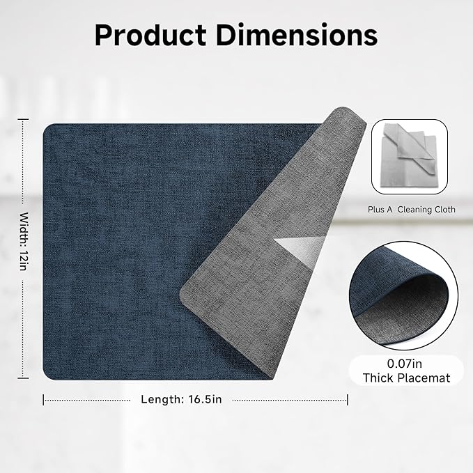 Faux Leather Vinyl Placemats Set of 4 Wipeable Heat Resistant Place Mats 100% Washable - Waterproof - Anti Slip Reversible Table Mats for Kitchen/Dining/Party, 12" x 16.5", Navy Blue & Dark Grey