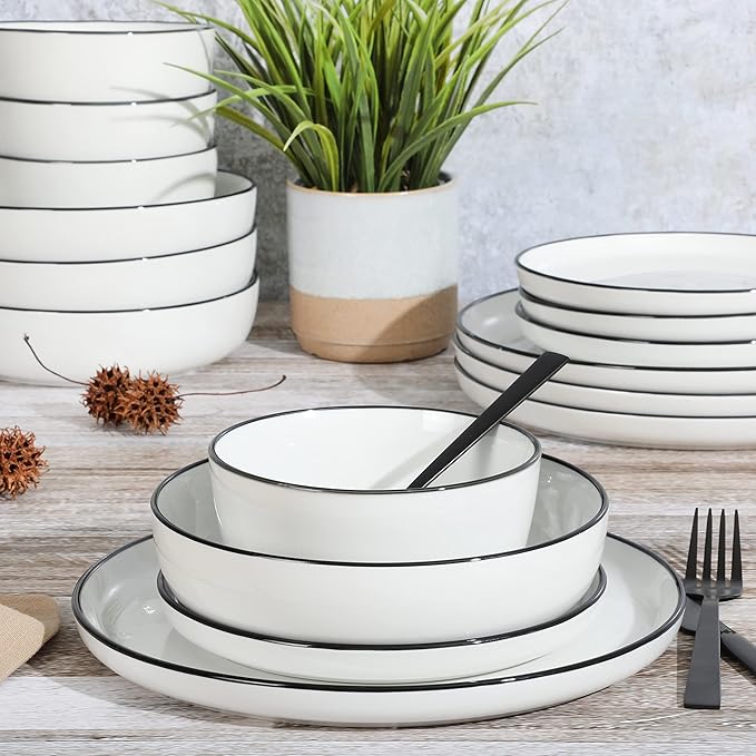 Gibson Home Oslo 16 Piece Porcelain Dinnerware Set,White w/Black Rim Rim, Service for 4 (16pcs)