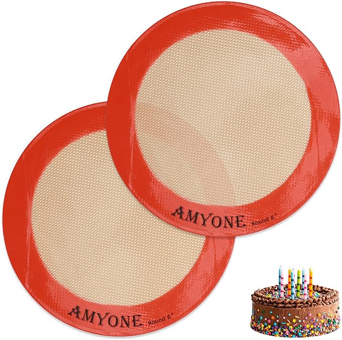 Round Silicone Baking Mats for 8 Inch Cake Pan, Food Grade, Non-Stick, Reusable Silicone Mat for Baking Pan for Bread/Tortilla/Macaron/Pastry/Pie/Bun or 9 Inch Pizza Pan, 2PCS