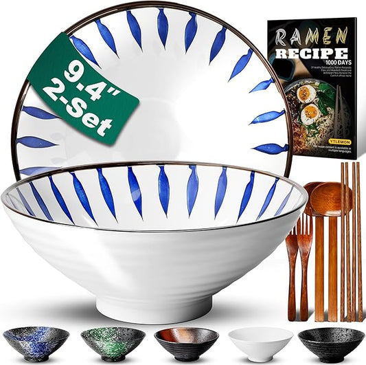 9.4Inch Ceramic Ramen Bowl Set of 2 (9 Piece) - Porcelain Japanese Salad Noodles Cereal Fruit Pasta Soup Large Bowls with Recipes Chopsticks Forks Spoons for Men Women Gift Microwave Dishwasher Safe